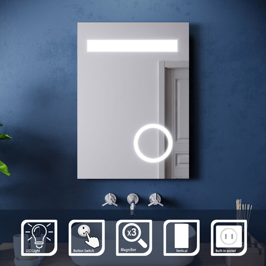 Wall-Mounted Illuminated led Bathroom Mirror 500x700mm Mirror with 3 Times Magnifying Glass, Shaver Socket - Elegant