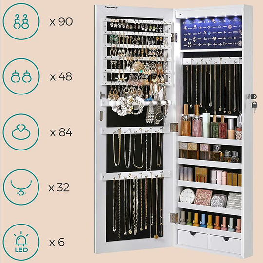 Frameless Mirrored Jewellery Cabinet Armoire, 6 LEDs Jewellery Organiser Wall Hanging or Door Mounted, Large Capacity with 2 Drawers, White JJC99WT