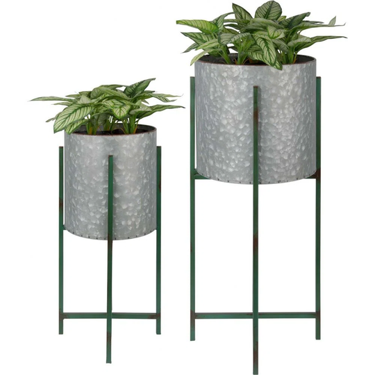 Round Flower Pot On Iron Stand (Set Of 2)