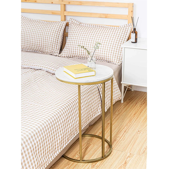 Sofa Table, C Shaped Side End Table With Marble Top For Living Room Bedroom Small Space