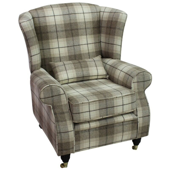 Arnold Wool Tweed Wing Chair Fireside High Back Armchair Wool Plaid Devon Fudge Check Fabric