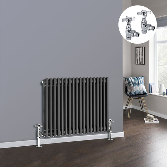 Anthracite 3 Column Traditional Cast Iron Style Radiator with Chrome Angled Cross Head Manual Valves Horizontal 600x832mm