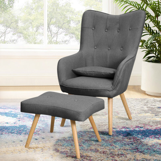 Linen Curved Buttoned Back Armchair with Footstool and Lumbar Pillow, Dark Grey - Livingandhome