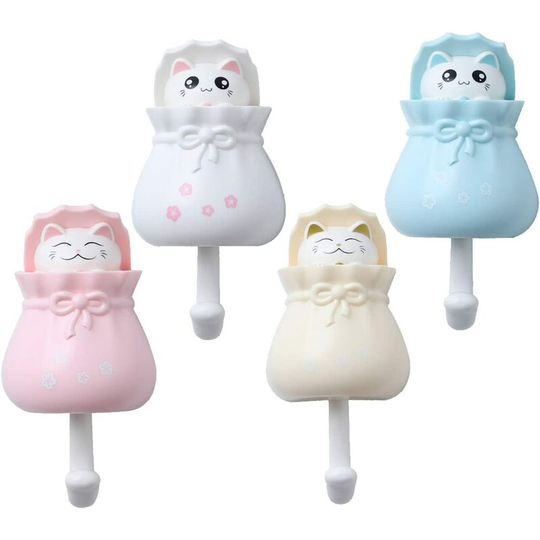 Adhesive Hook Child Adhesive Towel Holder Animal Wall Hook Decorative Hooks Stickers for Dress, Coat, Towel, Keys, Bags, Hats, 4 Pieces, Cat