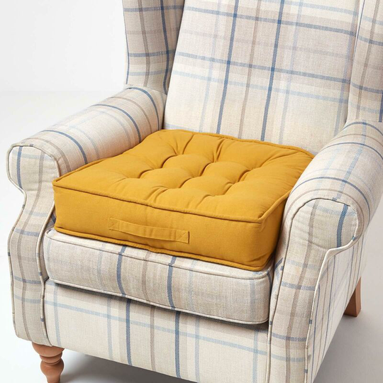 Mustard Cotton Armchair Booster Cushion - Yellow - Homescapes