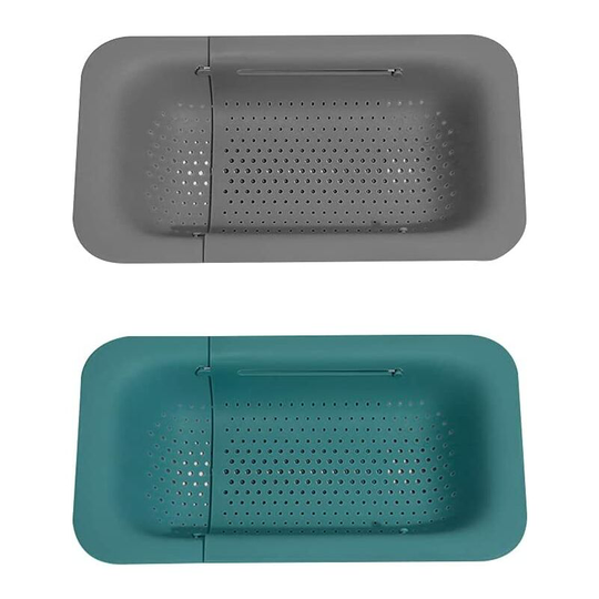 Plastic Colander, 2pcs Retractable Kitchen Filter, Kitchen Drain Basket for Storage and Cleaning of Fruits and Vegetables (Green, Gray)