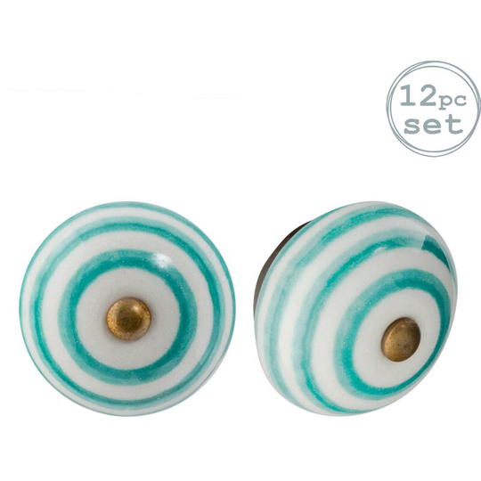 Nicola Spring Round Ceramic Cabinet Knobs - Turquoise Stripe - Pack of 12