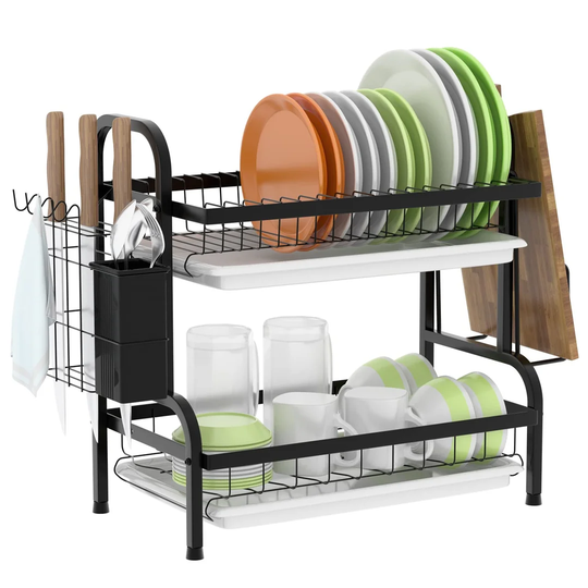 Dish Drying Rack, 2 Tier Anti Rust Dish Drainer Shelves With Drip Tray & Utensil Holder, Rustproof Dish Rack For Kitchen Countertop Organizer - Black