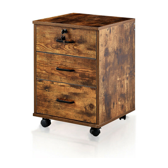Clipop - Office File Cabinet 3 Drawer Lockable Mobile Filing Cabinet with 4 Rolling Casters, Wooden Under Desk File Storage Unit, Brown