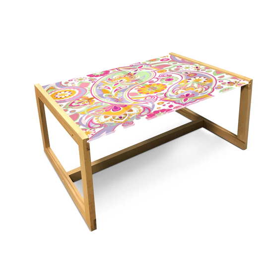 Paisley Coffee Table, Traditional Inspired Elements Colorful Composition Floral Print, Acrylic Glass Center Table With Wooden Frame For Offices Dorms