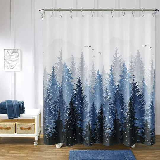 Shower Curtain Mountain Forest Nature Tree Fabric Shower Curtain Set Blue Shower Curtain for Bathroom Water Repellent Shower Curtains Bathtubs Hotel,