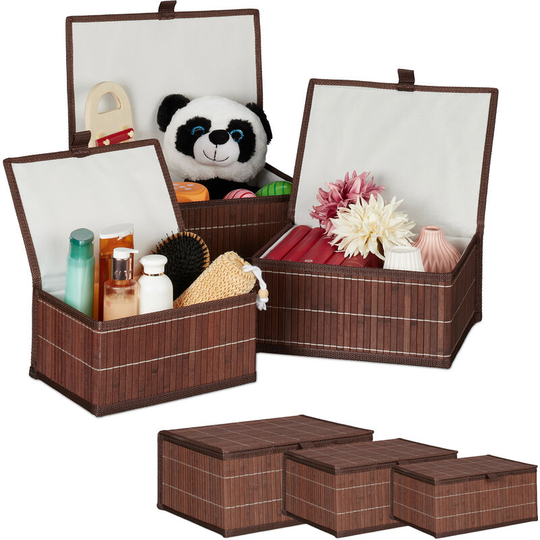 Relaxdays - Set of 6 Bamboo Storage Baskets, Boxes with Lid, Container, Decorative Organiser for Toys, 3 Sizes, Brown