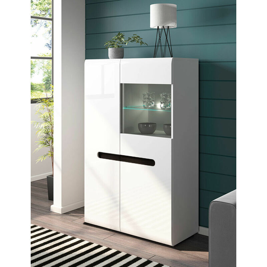 Impactfurniture - Large Display Cabinet Glass Door Unit Buffet with led Light White Gloss Azteca - White Gloss