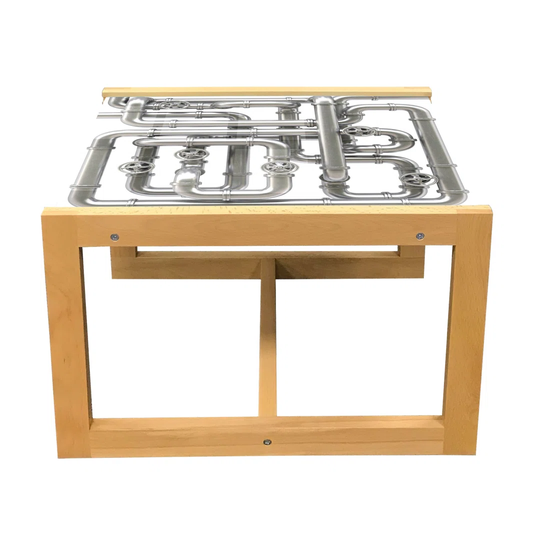 Industrial Coffee Table, Maze Look Abstract Motif Grunge Style Engineering Themed Realistic Print, Acrylic Glass Center Table With Wooden Frame For Of