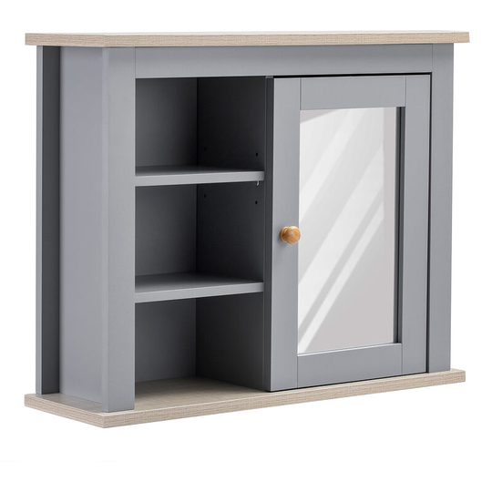 Bathroom Mirror Cabinet Storage Organizer with Open Inside Shelves - Grey - Kleankin