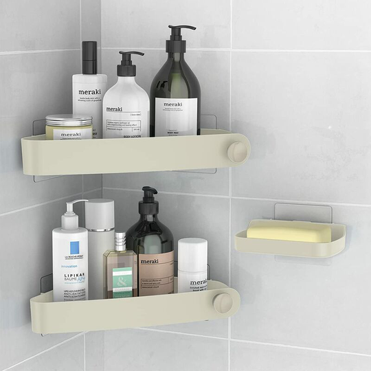 2 Pieces Plastic No Drilling Shower Set with Soap Box, Bathroom Storage and Organization, Shower Soap Dish, Bathroom Shelf, Includes 8 Adhesive