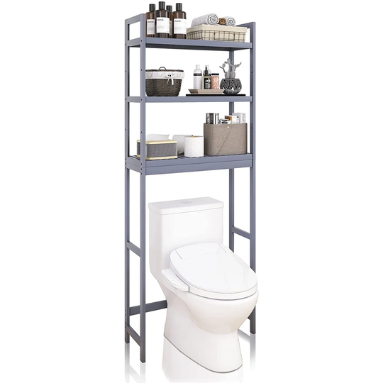 Bathroom Storage Shelf, Bamboo Over-The-Toilet Organizer Rack, Freestanding Toilet Space Saver With 3-Tier Adjustable Shelves Grey