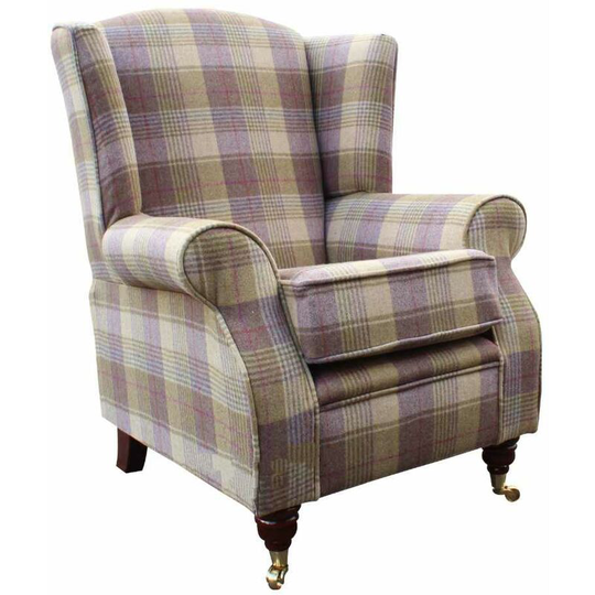 Arnold Wool Tweed Wing Chair Fireside High Back Armchair Hunting Tower Grape Check Fabric
