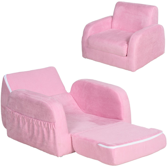 HOMCOM 2 In 1 Kids Armchair Sofa Bed Fold Out Padded Wood Frame Bedroom Pink - Pink