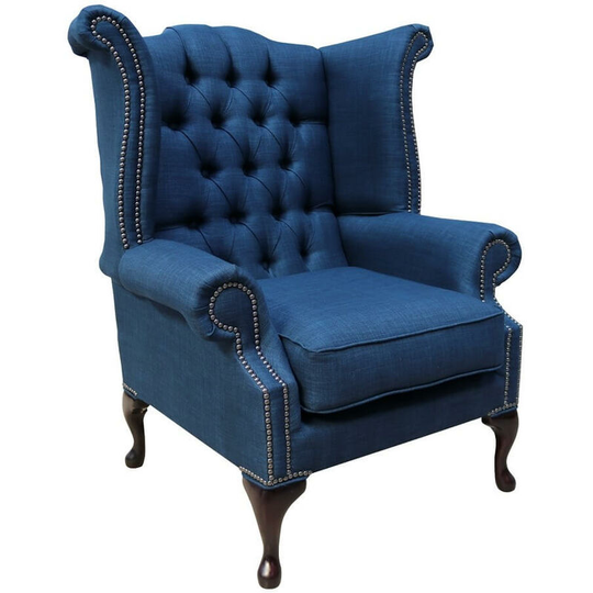 Chesterfield Linen Queen Anne High Back Wing Chair Charles Midnight Blue