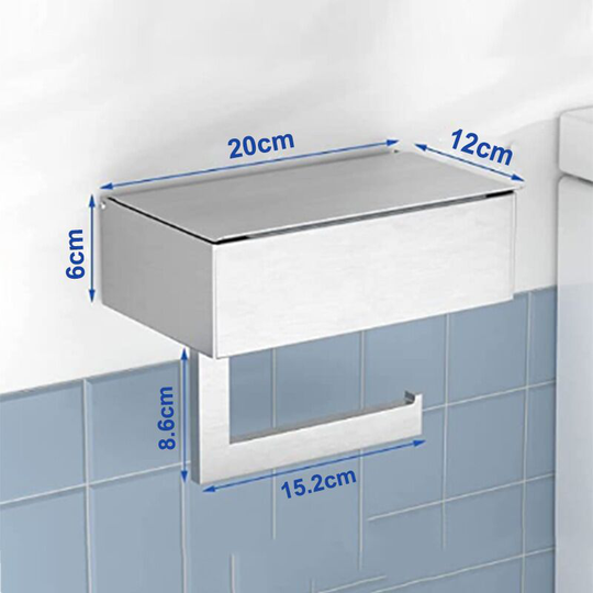 Toilet Roll Holder with Storage Shelf - Wall Mounted Bathroom Roll Holder (Silver)