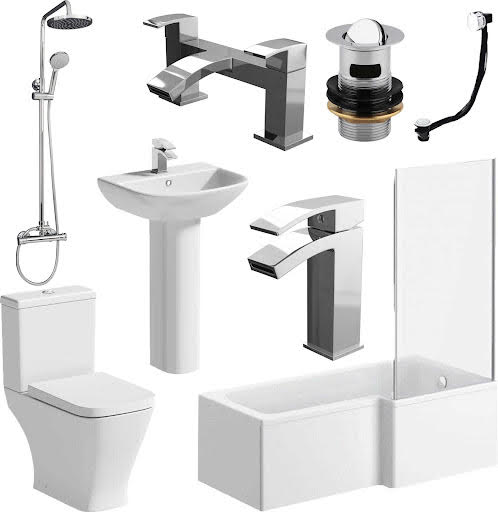 Marseille Complete Bathroom Suite Bundle with L Shape Shower Bath - Right Hand 1700mm