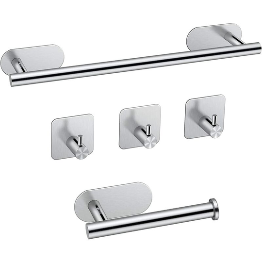 Perlerare - Bathroom Towel Rack 40cm 304 Stainless Steel Self Adhesive Bath Towel Rack Kit+Toilet Paper Holder+3 Towel Hooks Towel Bar Set-Silver