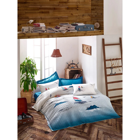 Colton Blue/White/Dark 100% Cotton Duvet Cover Set