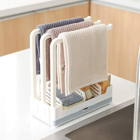 Sink Organizer 3 Stable Holders for Kitchen Towels, Drainer Utensil Holder, Sponge Holder, pp Plastic Dishcloth Holder, Grey-White