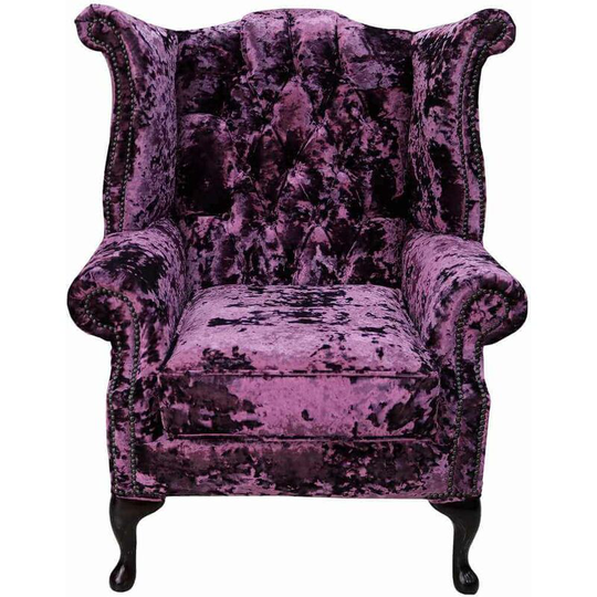 Chesterfield Velvet Queen Anne High Back Wing Chair Lustro Amethyst Purple