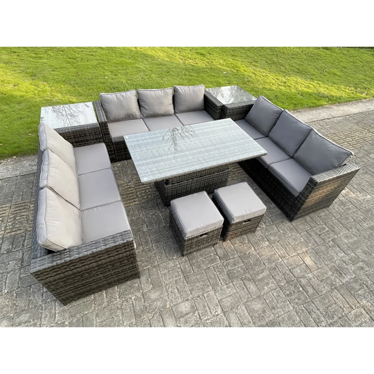 Outdoor Rattan Garden Furniture Corner Sofa Adjustable Rising Table 2 Side Coffee Table Footstool Dark Grey Mixed