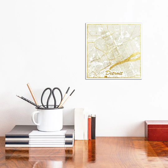 Detroit Gold Leaf Urban Blueprint Map by - Wrapped Canvas Graphic Art