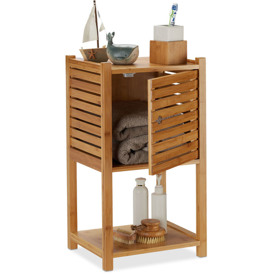 Relaxdays Bamboo Bathroom Cabinet, 2 Tiers, 1 Door Compartment, Compact Unit, H x W x D: 62.5 x 35 x 29 cm, Natural
