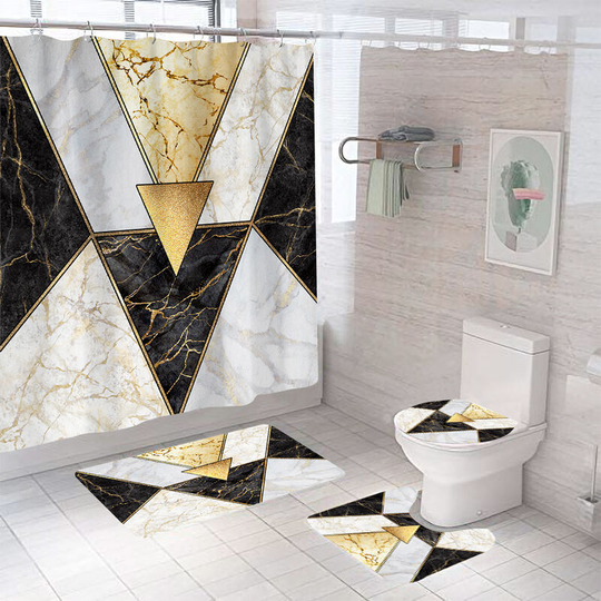 Shower Curtains with Soft Non-Slip Bath Mat Toilet Lid for Bathroom Four Pieces, Home Waterproof Bathtub Curtain Sets, Luxurious Geometric Pattern 3D
