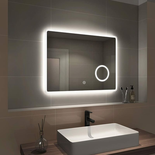 Led Bathroom Mirror Illuminated Wall Mirror 800 x 600mm Touch Switch + Demister Pad + Shaver Socket + 3X Magnifying Mirror, Horizontal - Emke