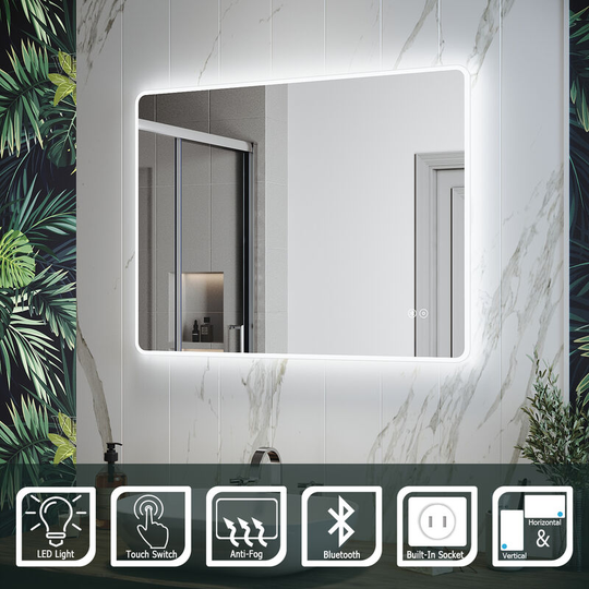 ELEGANT Modern LED Bathroom Mirror with Sensor Touch Switch, Demester Pad, Shaver Scocket and Bluetooth Speakers Smart Illuminated Bathroom Mirror