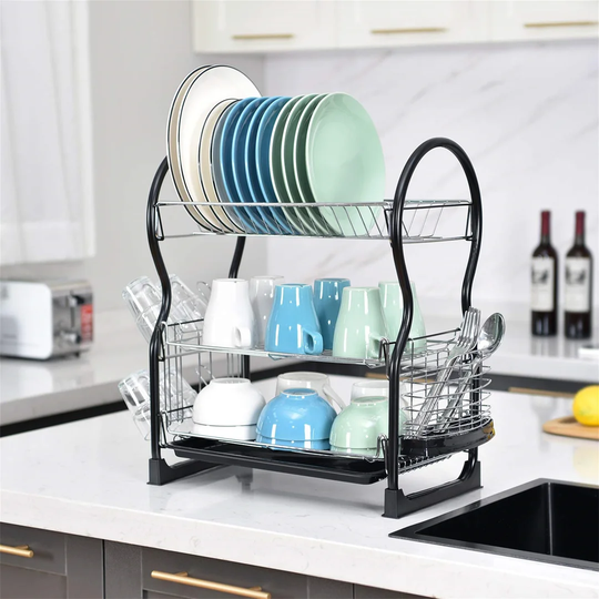 Dish Drainer,3-Tier Dish Rack,Easy Assemble Large Capacity Dish Drying Rack With Side Mounted Utensil Holder And Cup Holder, Organizing Dishes Kitchen