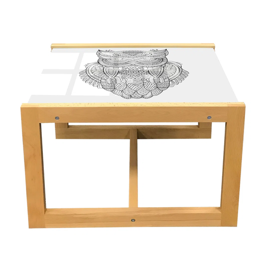 Vintage Tribal Coffee Table, Zentangle Style Doodle Ornamental Owl Outline Print, Acrylic Glass Center Table With Wooden Frame For Offices Dorms Cocon