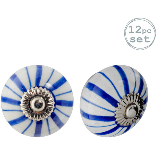 Round Ceramic Cabinet Knobs - Navy Lines - Pack of 12 - Nicola Spring
