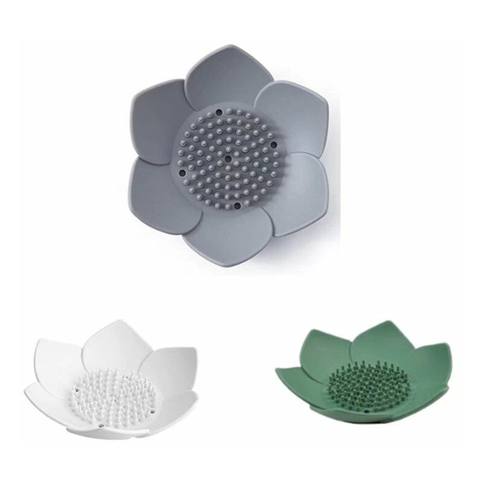 Set of 3 Silicone Soap Dish,BR-Vie Soap Dish with Drainer, Flower Shaped Silicone Soap Dish for Bathtub Kitchen Shower Counter(Green+White+Grey)