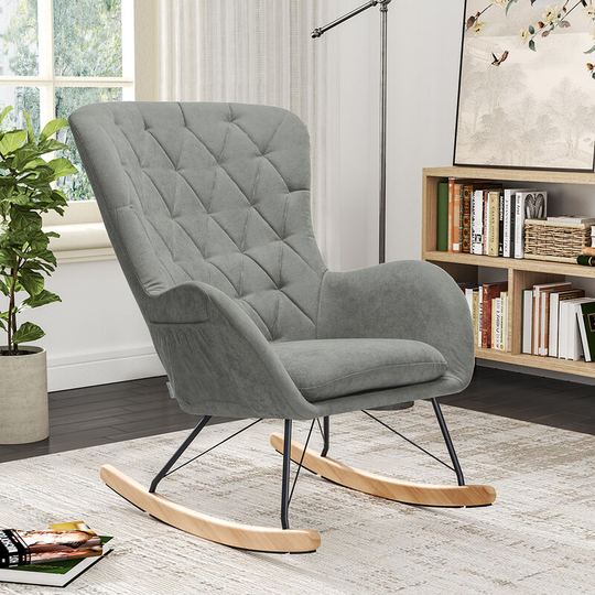 Rhombus Linen Rocking Chair Armchair with Pocket, Light Grey - Livingandhome