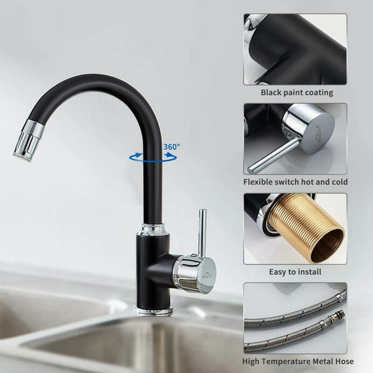 Morejieka - Black Kitchen Faucet, 360° Swivel Flexible Black Kitchen Mixer Tap, Single Lever Kitchen Sink Mixer Tap with High Sink Spout, Equipped
