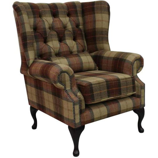 Chesterfield Regent Wool Tweed Wing Chair Fireside High Back Armchair Wool Plaid Rosehip Wine