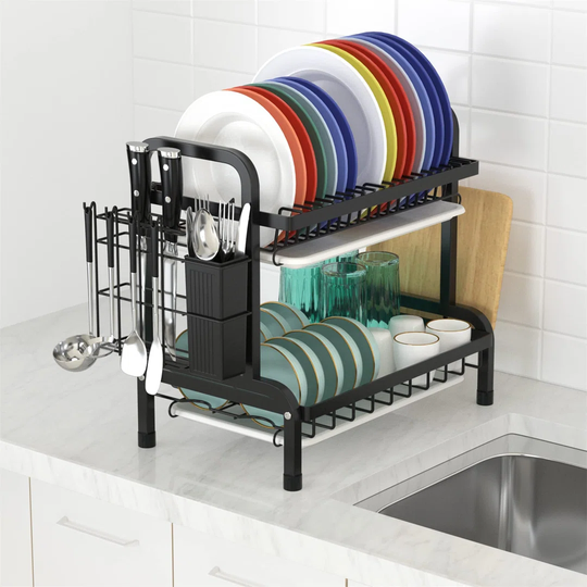 2 Tier Black Dish Drainer Rack, Stainless Steel Dish Drying Rack Kitchen, Dish Drainers Draining Board With Drip Tray, Rust Proof Large Dish Rack Wash