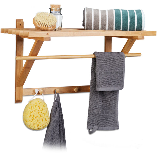 Wall Coat Rack With 4 Hooks, Bamboo, 40 x 60 x 35 cm, Towel Hooks with Bathroom Shelf, Natural Brown - Relaxdays