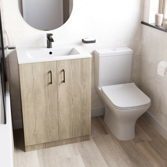 Orchard Lea oak floorstanding vanity unit with black handle 600mm and Derwent square close coupled toilet suite - Oak