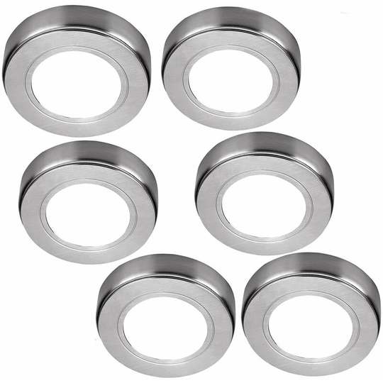 6x brushed nickel Round Surface or Flush Under Cabinet Kitchen Light Kit - 240V Mains Powered - Warm White led