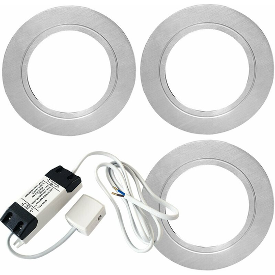 3x chrome Round Flush Under Cabinet Kitchen Light & Driver Kit - Natural White led