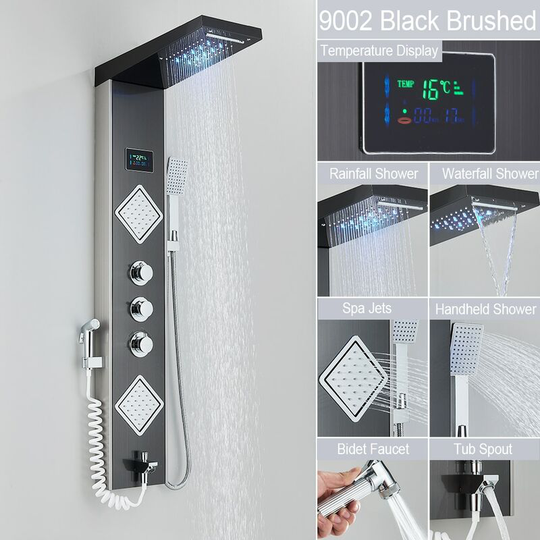 Led Shower Panel 5 Function Bathroom Shower Faucet Wall Mounting Black Cold and Hot Shower Column