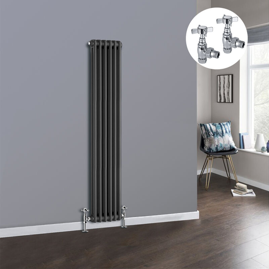 Anthracite 2 Column Traditional Cast Iron Style Radiator with Chrome Angled Cross Head Manual Valves Vertical 1500x290mm